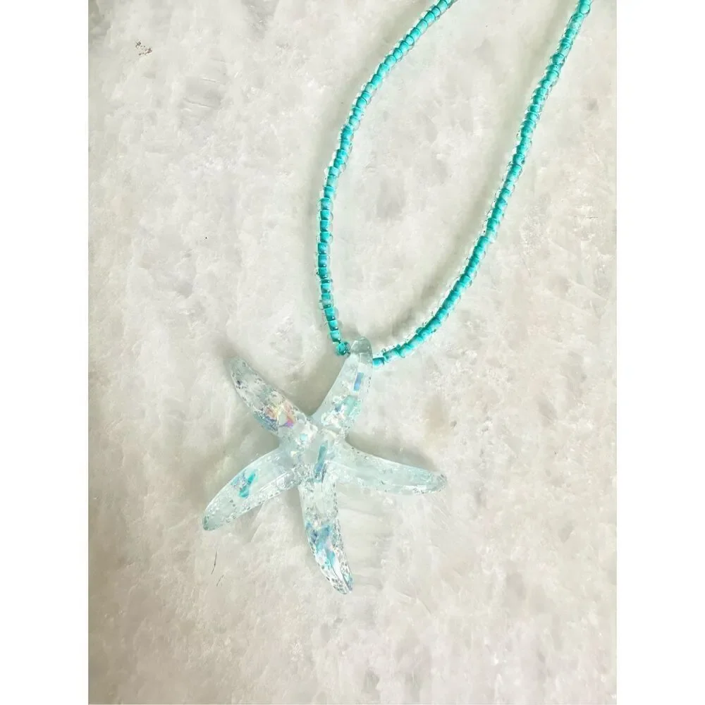 Aqua blue Starfish beaded pendant necklace ￼